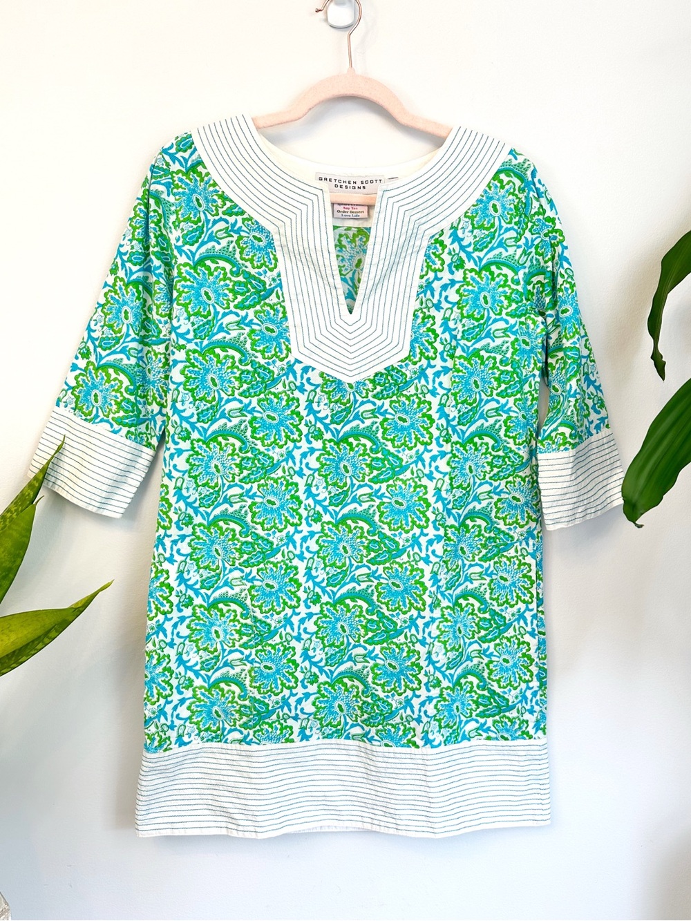 Gretchen Scott Floral Cotton Preppy Summer Tunic in Green & Aqua with Pockets B2